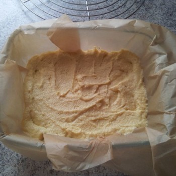 Die Auflaufform mit Backpapier auslegen und den Teig einfüllen.