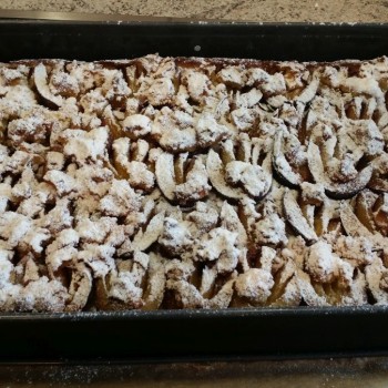 Erythritol-Puder mit Zimt mischen und über den Kuchen streuen.