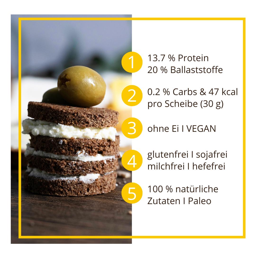 Kerniges Schwarzbrot low-carb keto glutenfrei paleo VEGAN Eiweissbrot Backmischung mit Chia ALLERGENFREI