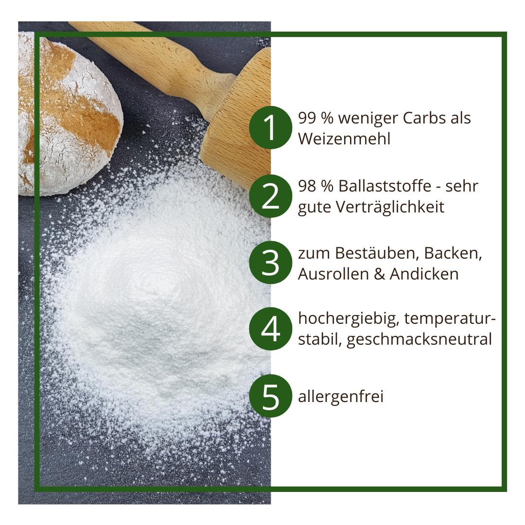 Bambusfaser Ballaststoffmehl low carb glutenfrei – Kartoffelfaser-Ersatz mit 0 % Kohlenhydraten – Zum Backen, Bemehlen & Ausrollen