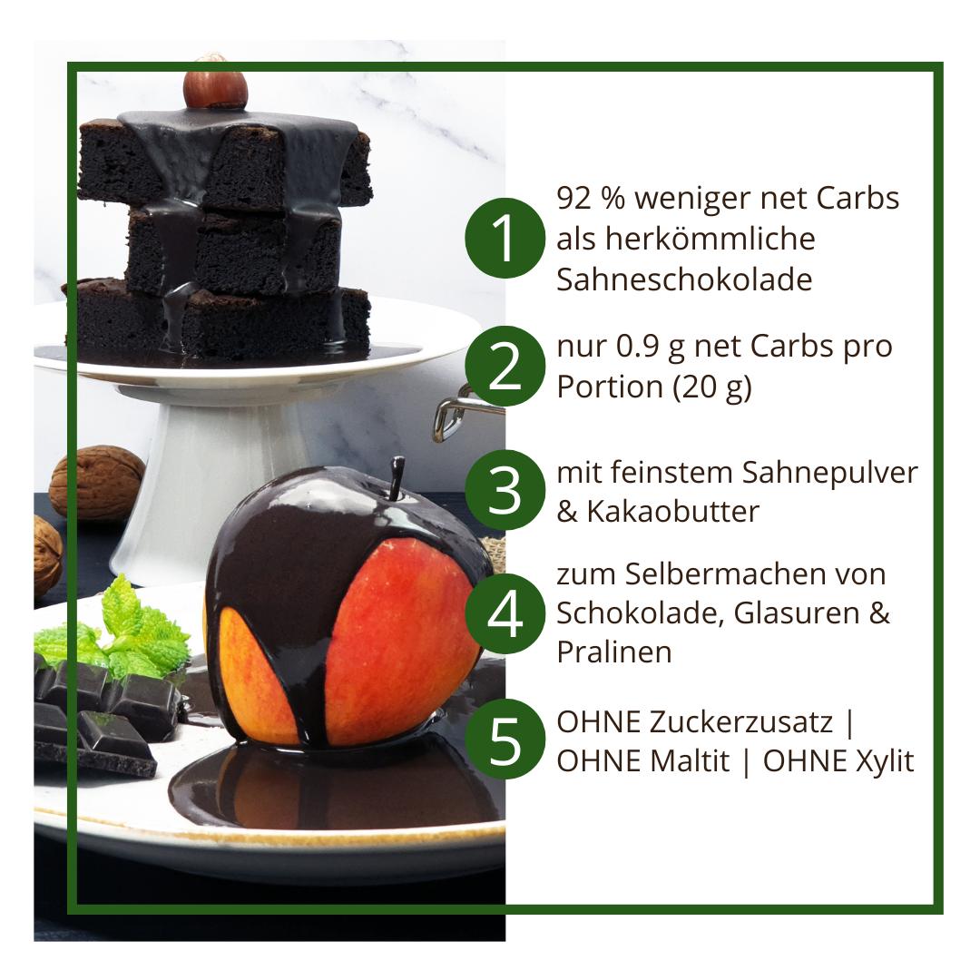 Schokoladenzauber SCHWARZE SAHNE – low-carb & keto Schokolade ohne Zuckerzusatz in Pulverform zum Selberschmelzen in 2 min