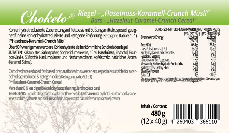 Low Carb Schokolade Schokoladenriegel Müsliriegel zuckerfrei keto maltitfrei xylitfrei Diabetikergeeignet