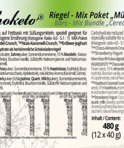 Low Carb Schokolade Schokoladenriegel Müsliriegel zuckerfrei keto maltitfrei xylitfrei Diabetikergeeignet