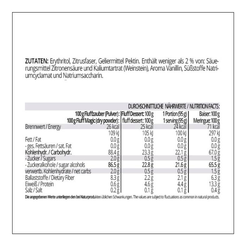 FLUFFZAUBER Fertigmischung für kalorienarmen Eiweiss-Fluff & low carb Baiser – keto, ohne Zuckerzusatz, IMO-frei