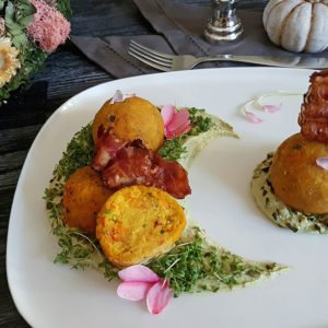Rezept Kürbisknödel aus dem Backofen auf Kürbisquark lowcarb glutenfrei