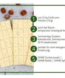 CHOKETO Low Carb & Keto Schokolade WEISSE SAHNE & HASELNUSS – 3 Tafeln – handgemacht – ohne Zuckerzusatz