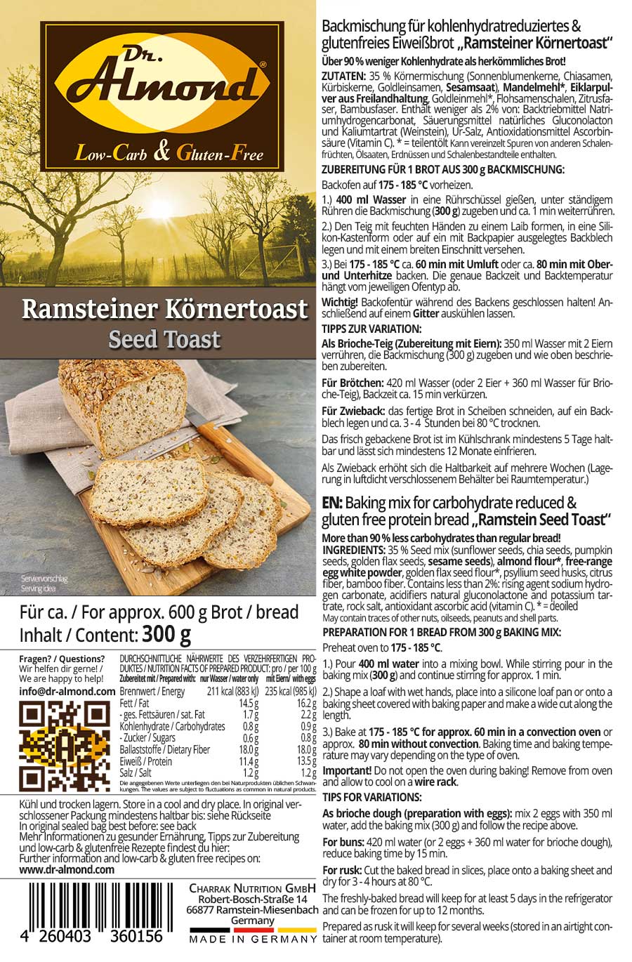 Ramsteiner Körnertoast low-carb keto glutenfrei paleo Eiweißbrot Backmischung