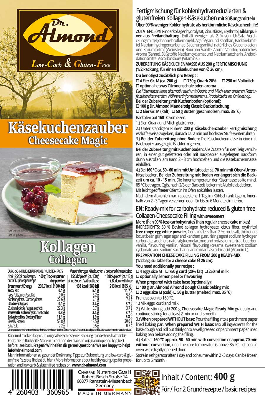 KÄSEKUCHENZAUBER KOLLAGEN Fertigmischung für -Protein-Käsekuchen – low-carb, glutenfrei, sojafrei, keto Käsekuchenhilfe