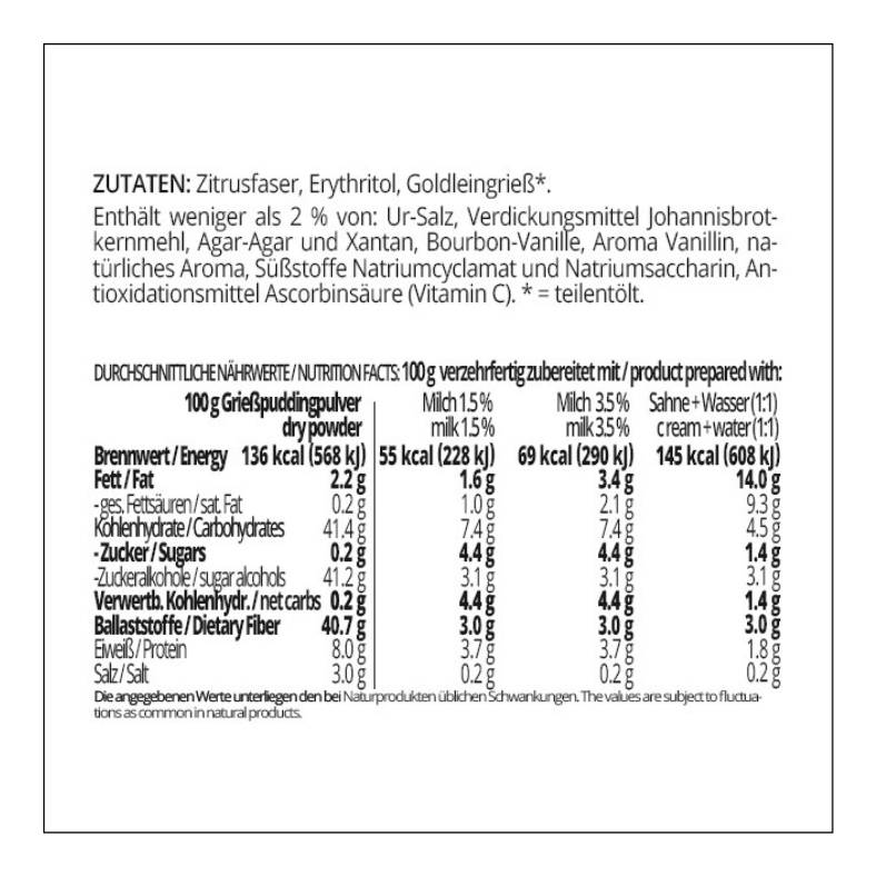 Grießpudding CLASSIC low-carb glutenfrei keto – Grießbrei ohne Stärke zuckerfrei laktosefrei vegan