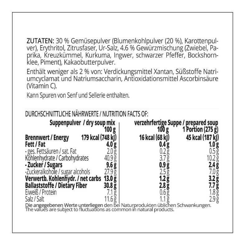 Suppentraum Blumenkohl & Curry Tütensuppe low-carb glutenfrei keto vegan