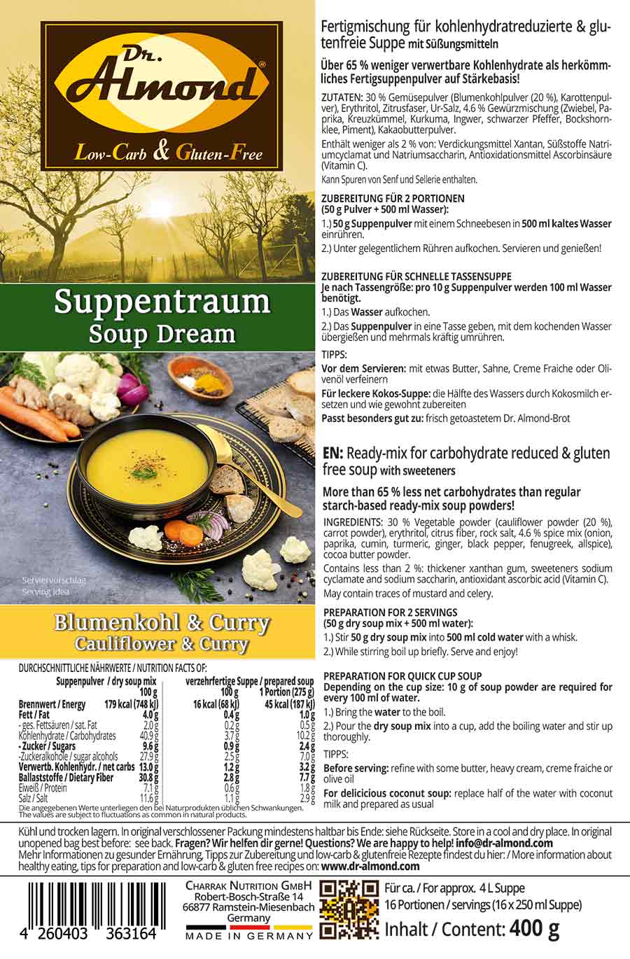Suppentraum Blumenkohl & Curry Tütensuppe low-carb glutenfrei keto vegan