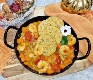 Rezept Kürbissemmelrolle mit Kürbis Garnelenpfanne low-carb keto glutenfrei