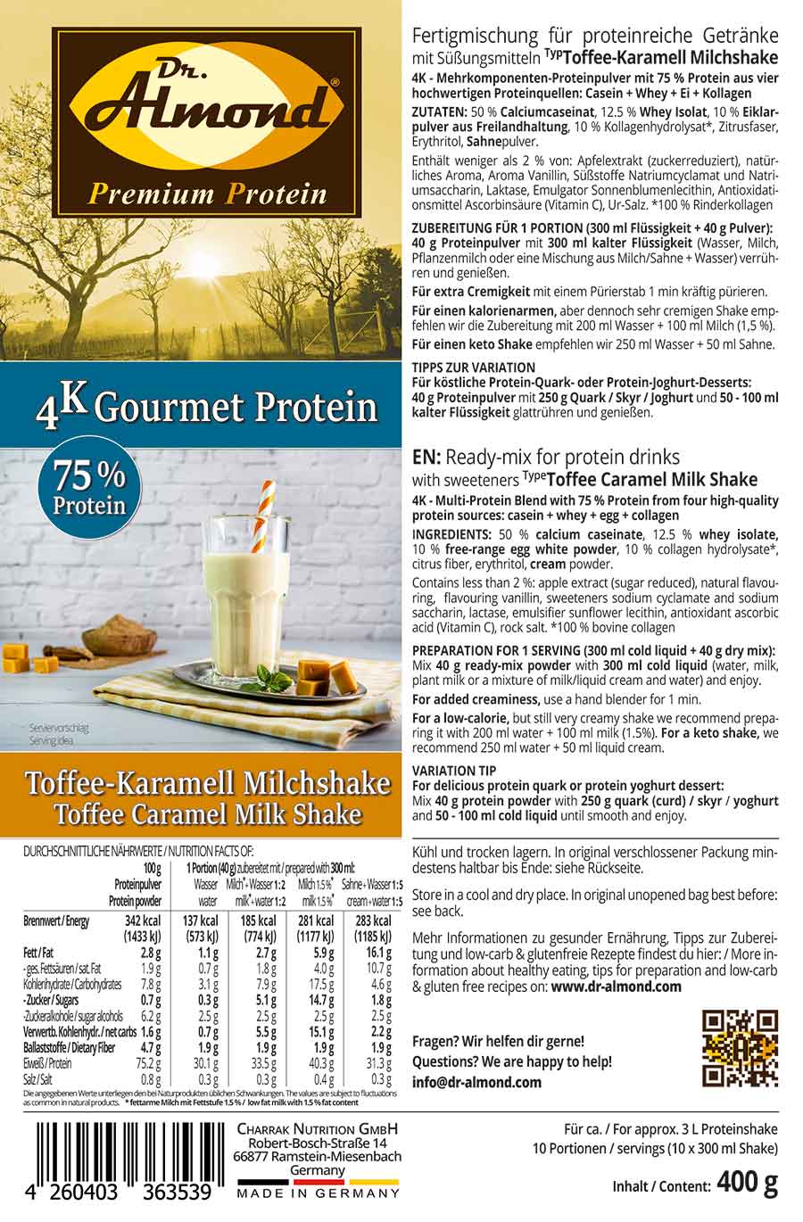 Protein MILCHSHAKE Toffee-Karamell Proteinshake Ketoshake Proteinpulver - Etikett